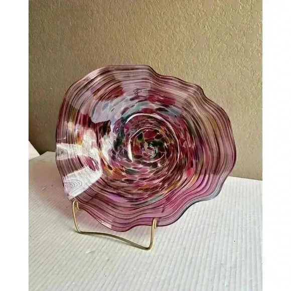 MCM Art Glass Ruffled Edge Bowl Pink Green Purple Hand Blown Spotted Swirled - Picture 4 of 5